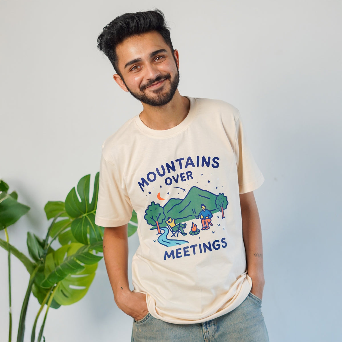 Mountains Over Meetings men's printed T-shirt