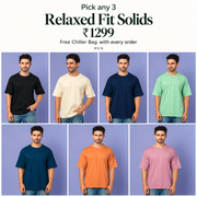 Pick any 3 Relaxed Fit Solids at ₹1299 — Men; all seven colours; Free Chiller Bag with every order