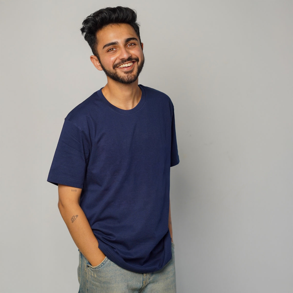 Midnight Navy solid tee — men model