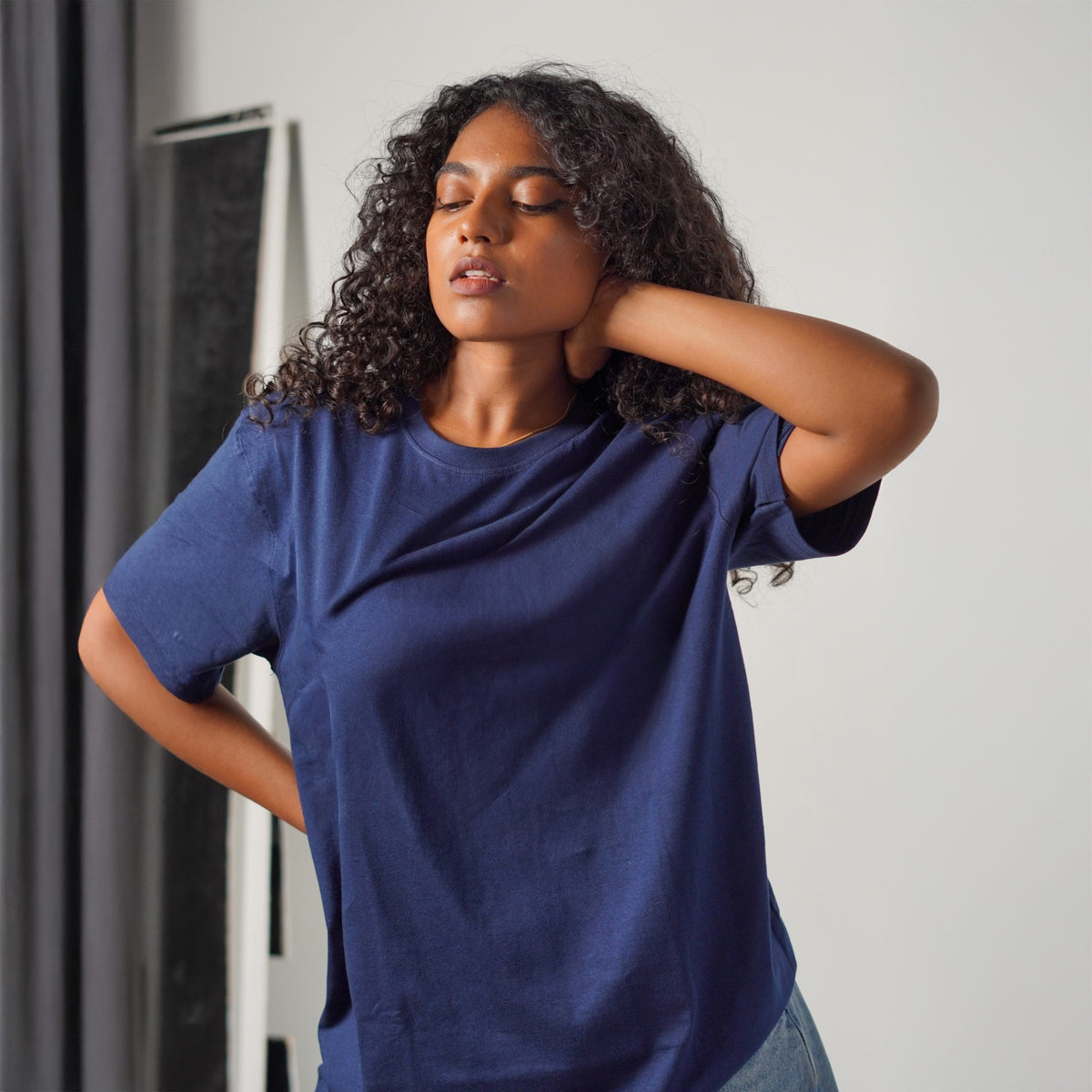 Midnight Navy solid tee — women model