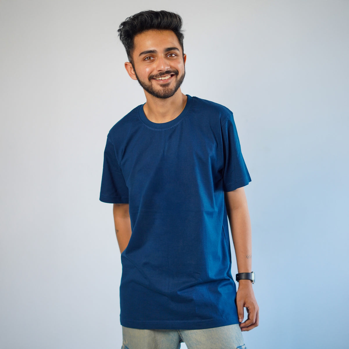 Slate Blue solid tee — men model