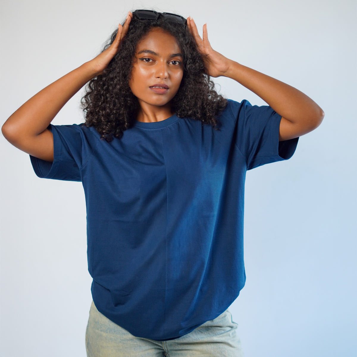 Slate Blue solid tee — women model