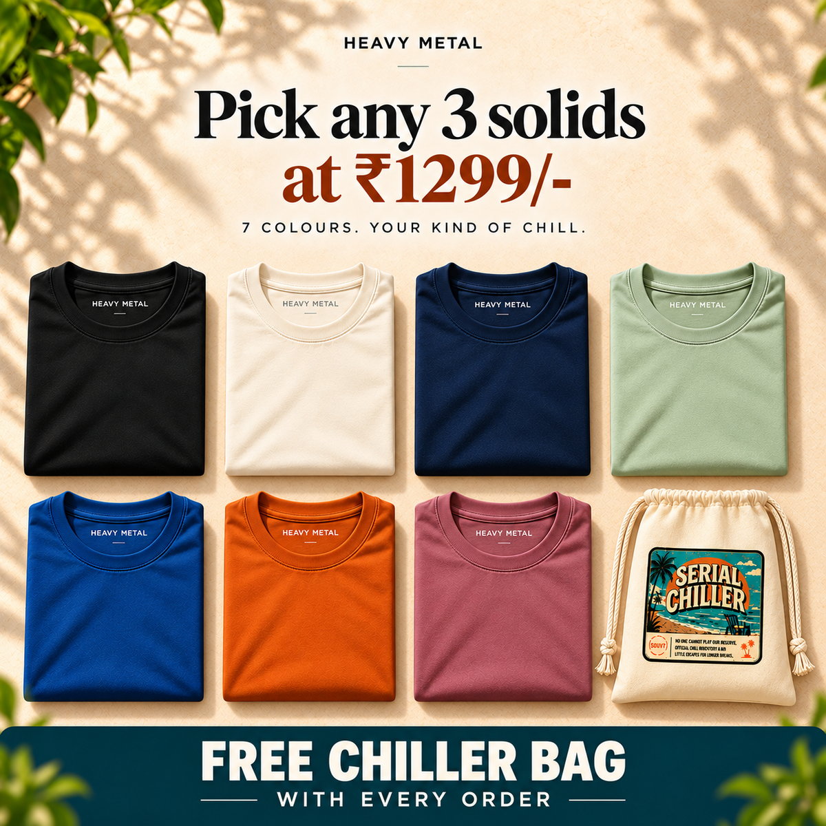 Pick any 3 solids ₹1299 — seven colours with free Chiller bag, clean separated layout