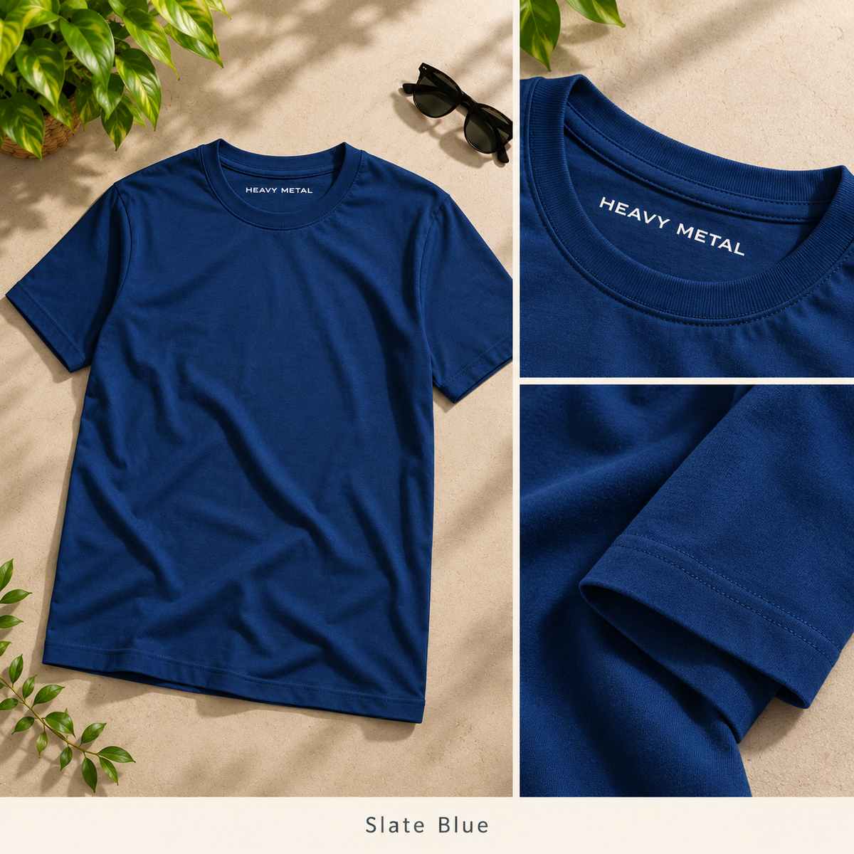 Slate Blue solid tee collage