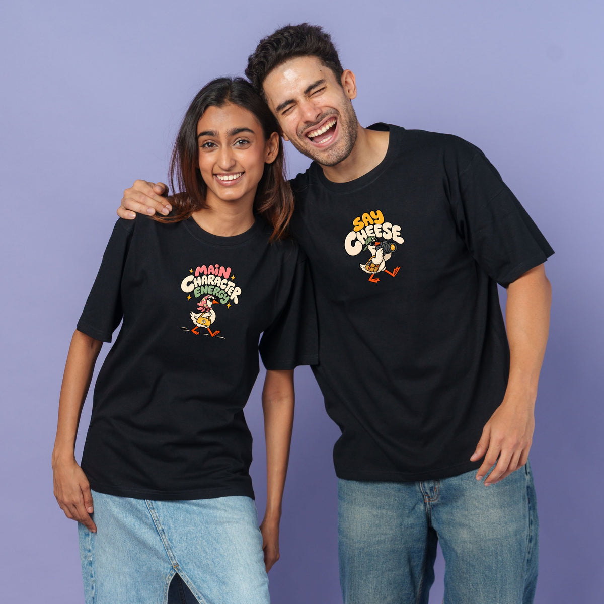 Love at First Click couple tees — Main Character Energy and Say Cheese