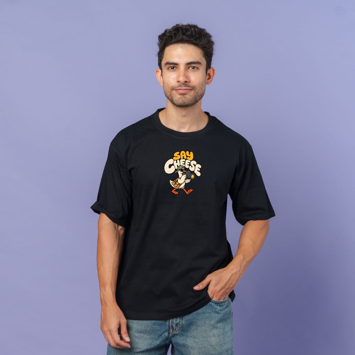 Love at First Click couple tees — Say Cheese model